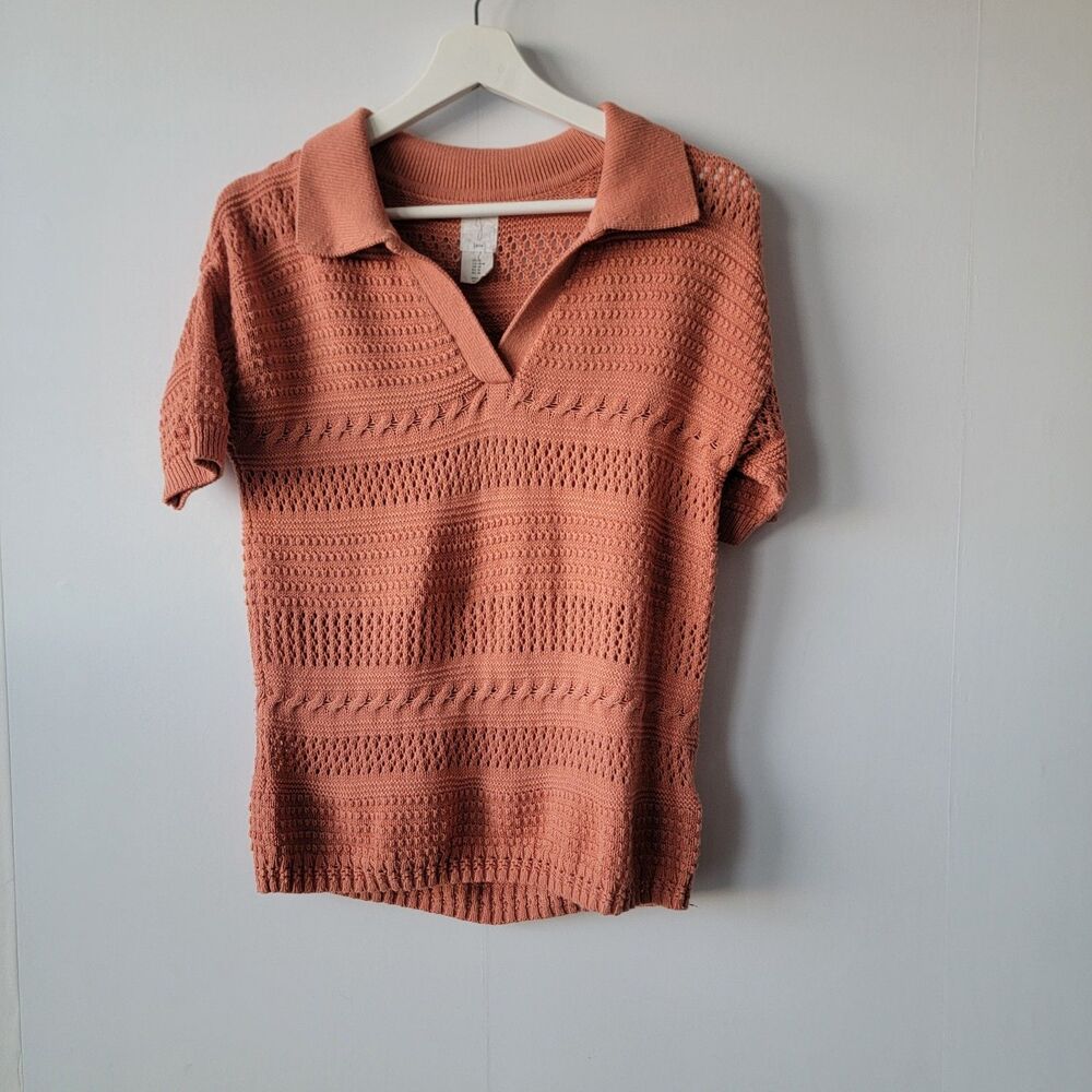 Joie women's Crochet Polo Sweater size M Rust Knit Collared Short Sleeve boho
